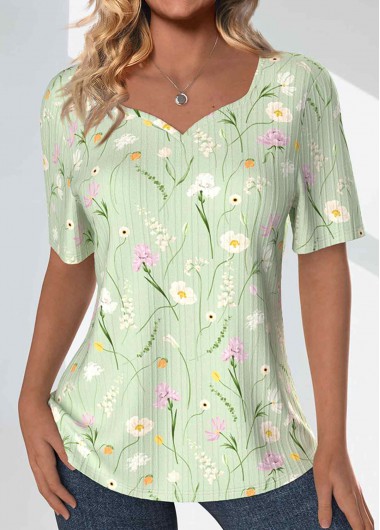 Modlily Light Green Textured Fabric Floral Print T Shirt
