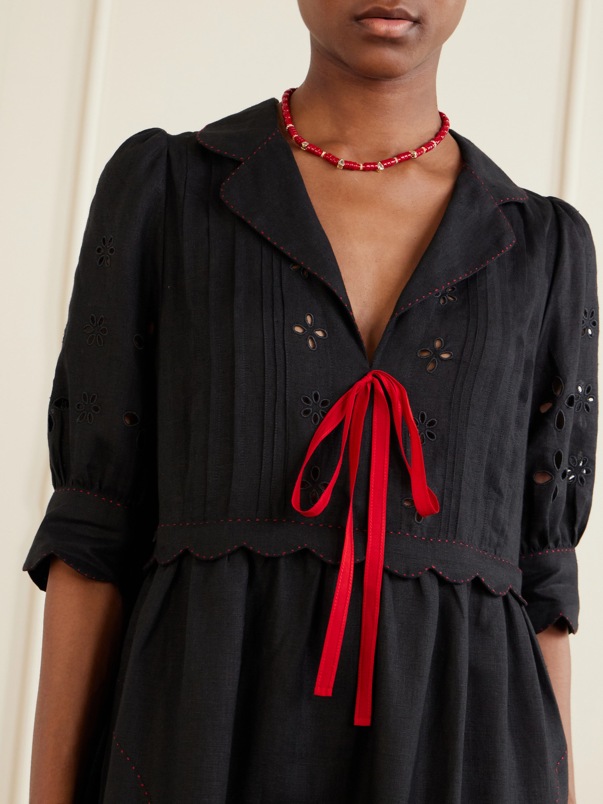 Bari Tie-detailed Broderie Anglaise-trimmed Linen Midi Dress - Black