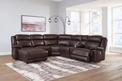 VonKurt 6-Piece Power Leather Reclining Modular Sectional with Chaise, Dark Brown