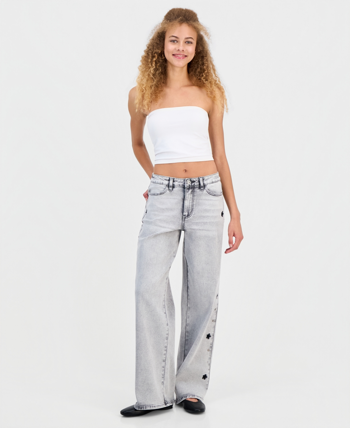 Juniors' Star Stud Mid Rise Wide Leg Jeans - Grey