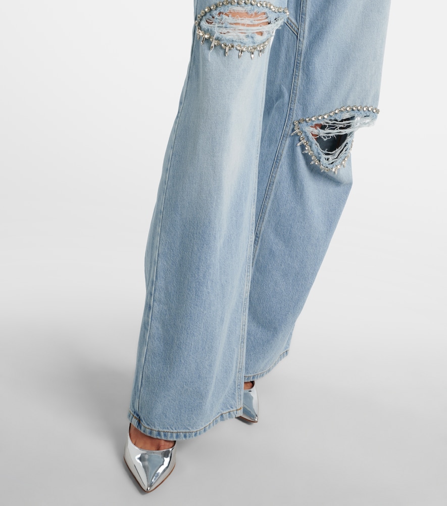 Distressed embellished wide-leg jeans