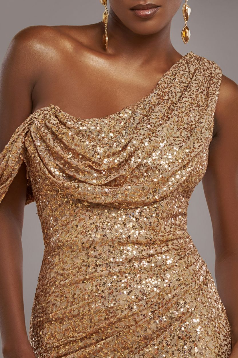 Sequin Cowl One Shoulder Maxi Dress