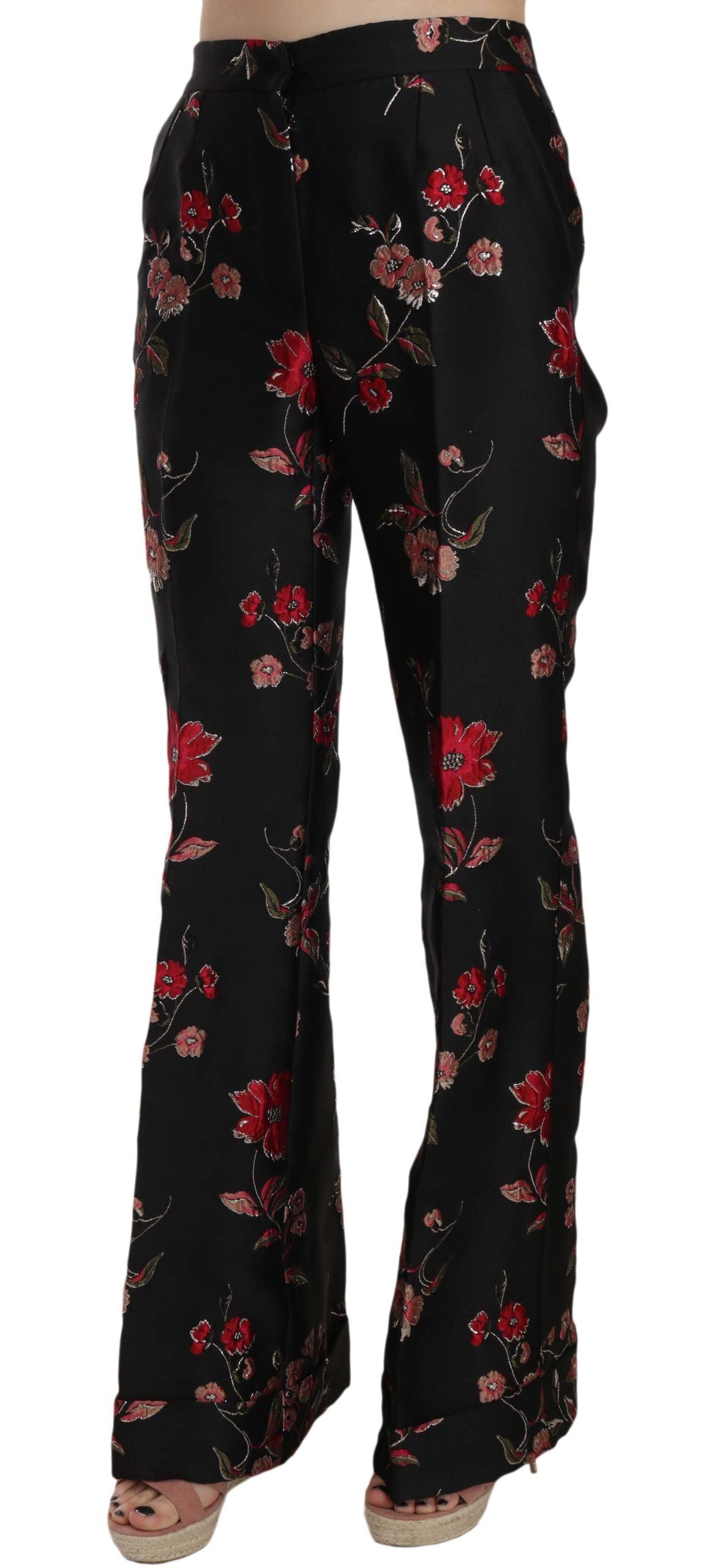 Floral-Embroidered Trousers — Black