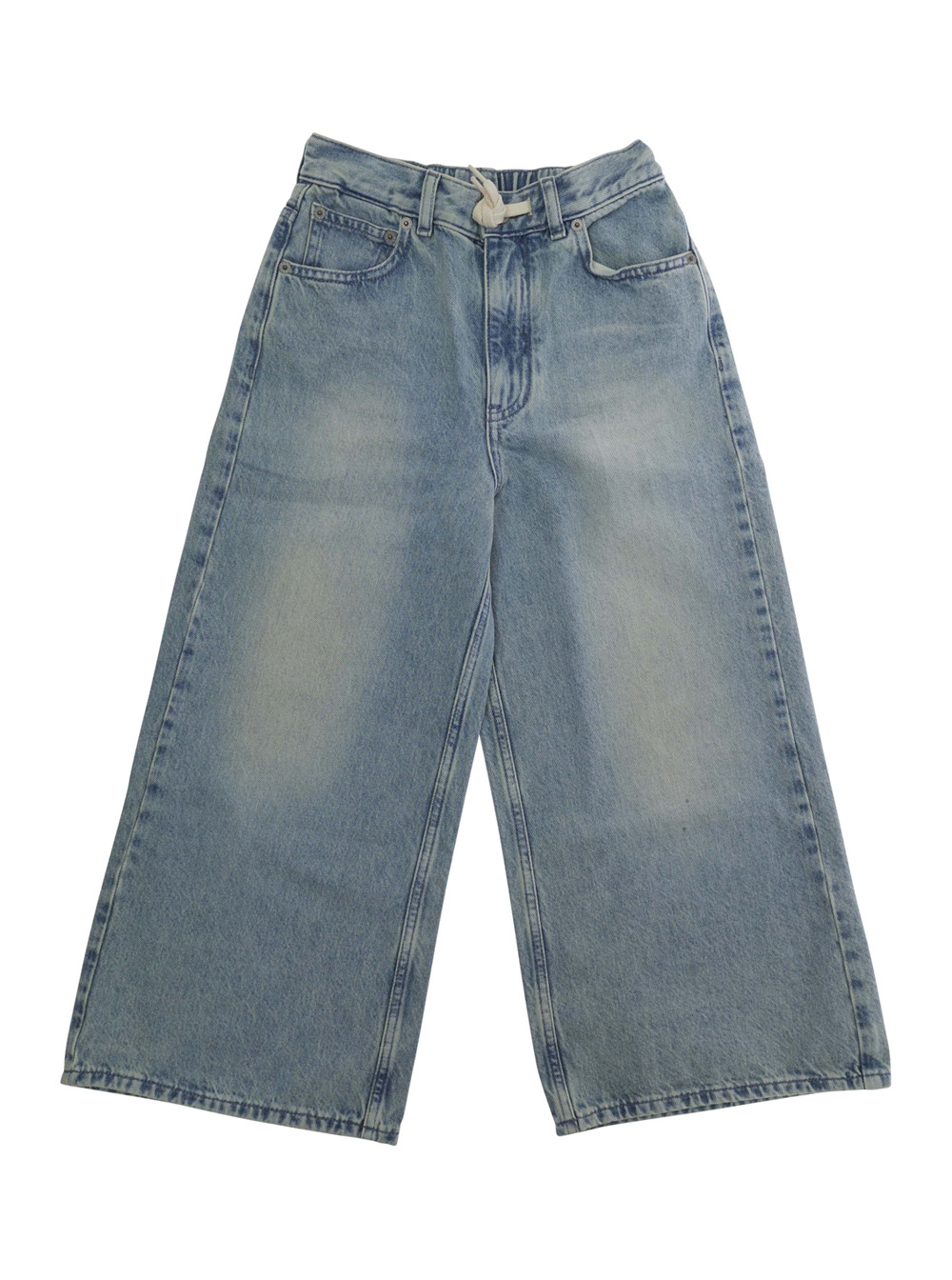 Light Blue Jeans With Front Knot Closure And Faded Denim Design For Kids - Kids