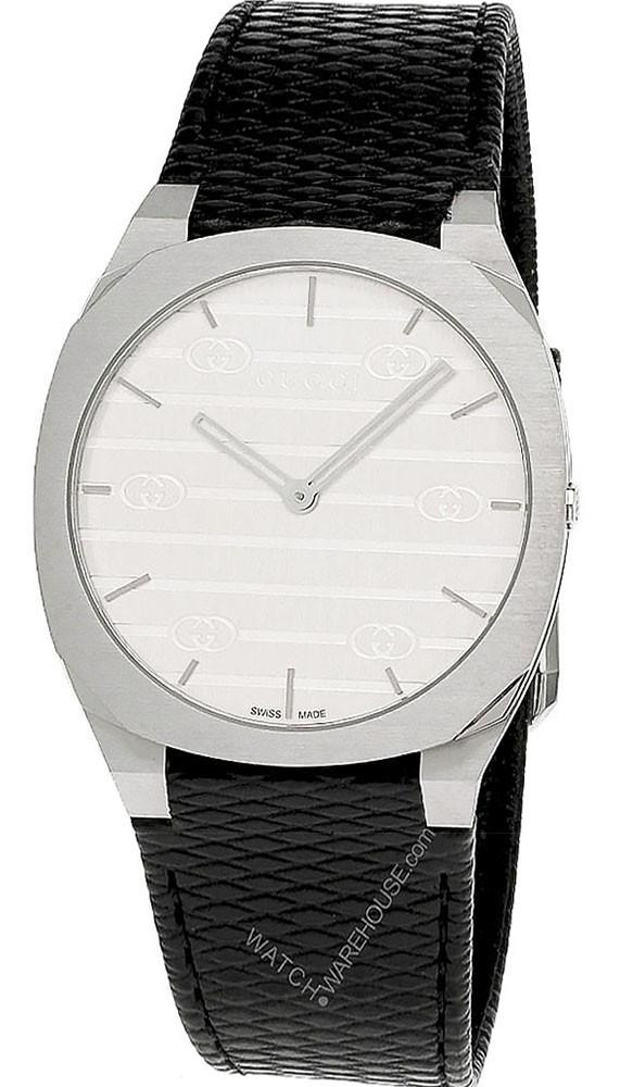 GUCCI 25H 38MM Quartz Silver Brass Dial Leather Unisex Watch YA163419