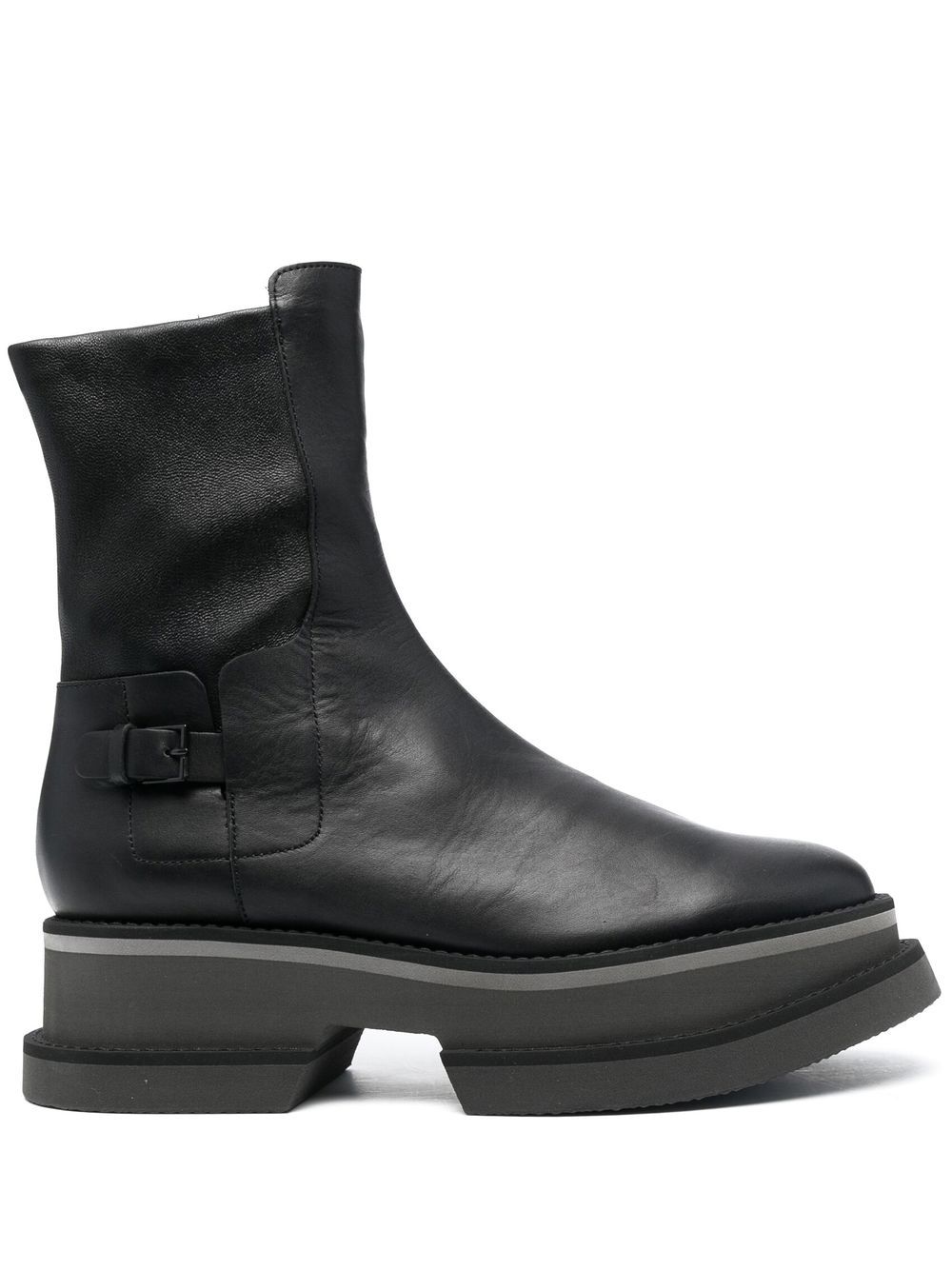 Platform sole leather ankle boots - Black