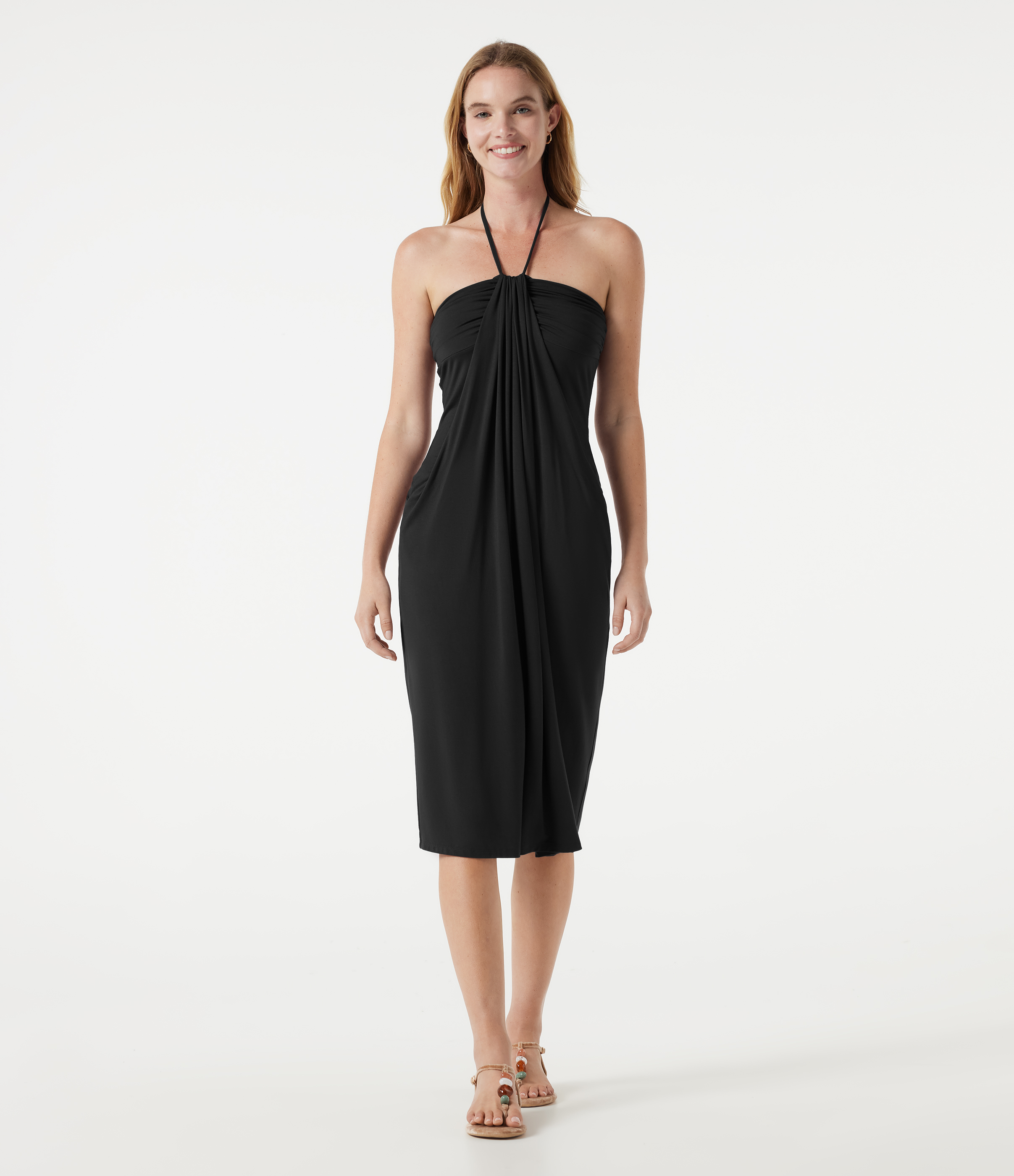 Halter Tie Back Midi Resort Dress with Pockets Casual Dress - Black