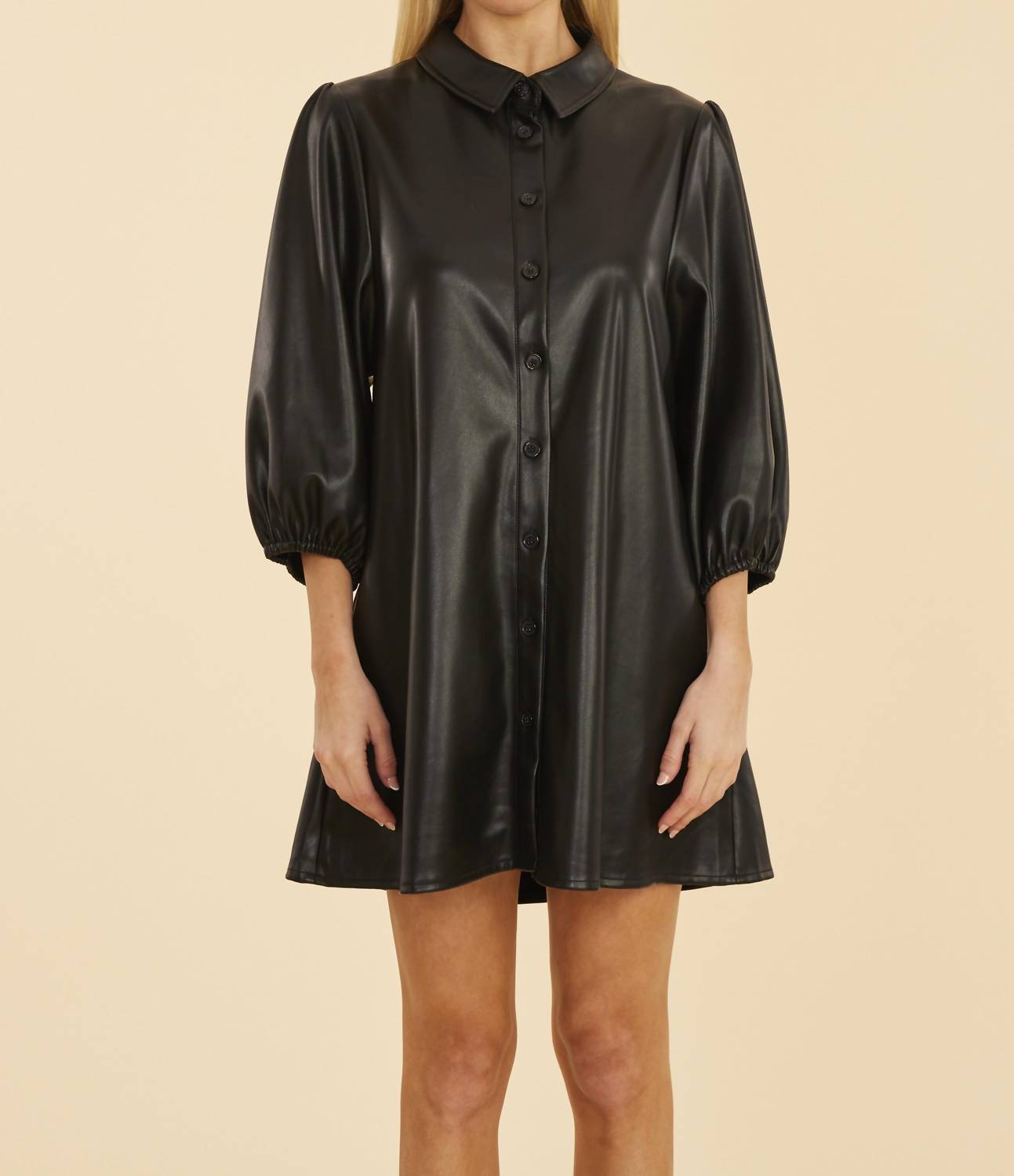 Faux Leather Dress With Puff Sleeves In Black