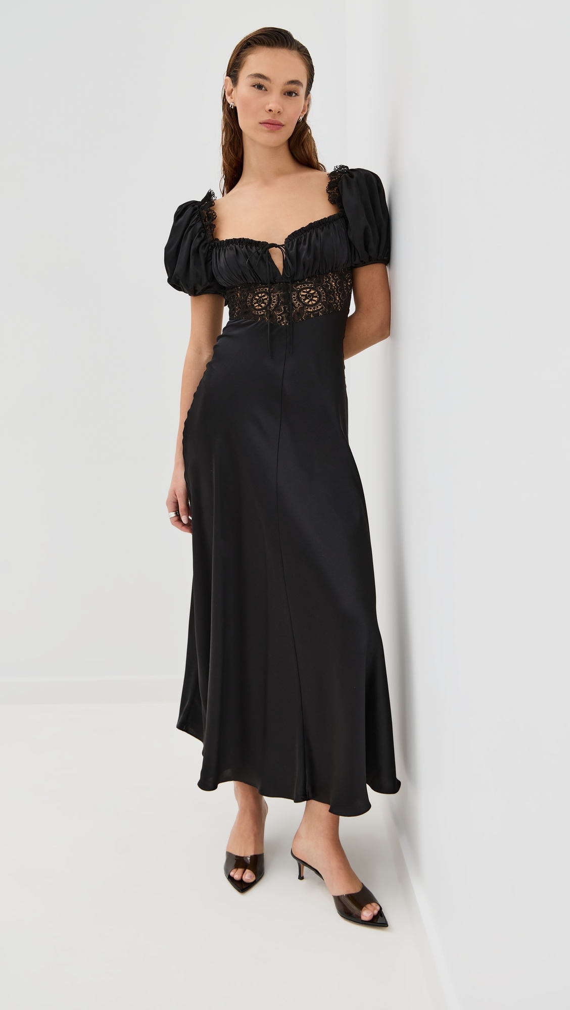 Satin Bias Dress with Gathered Bust and Black Lace Detail Black