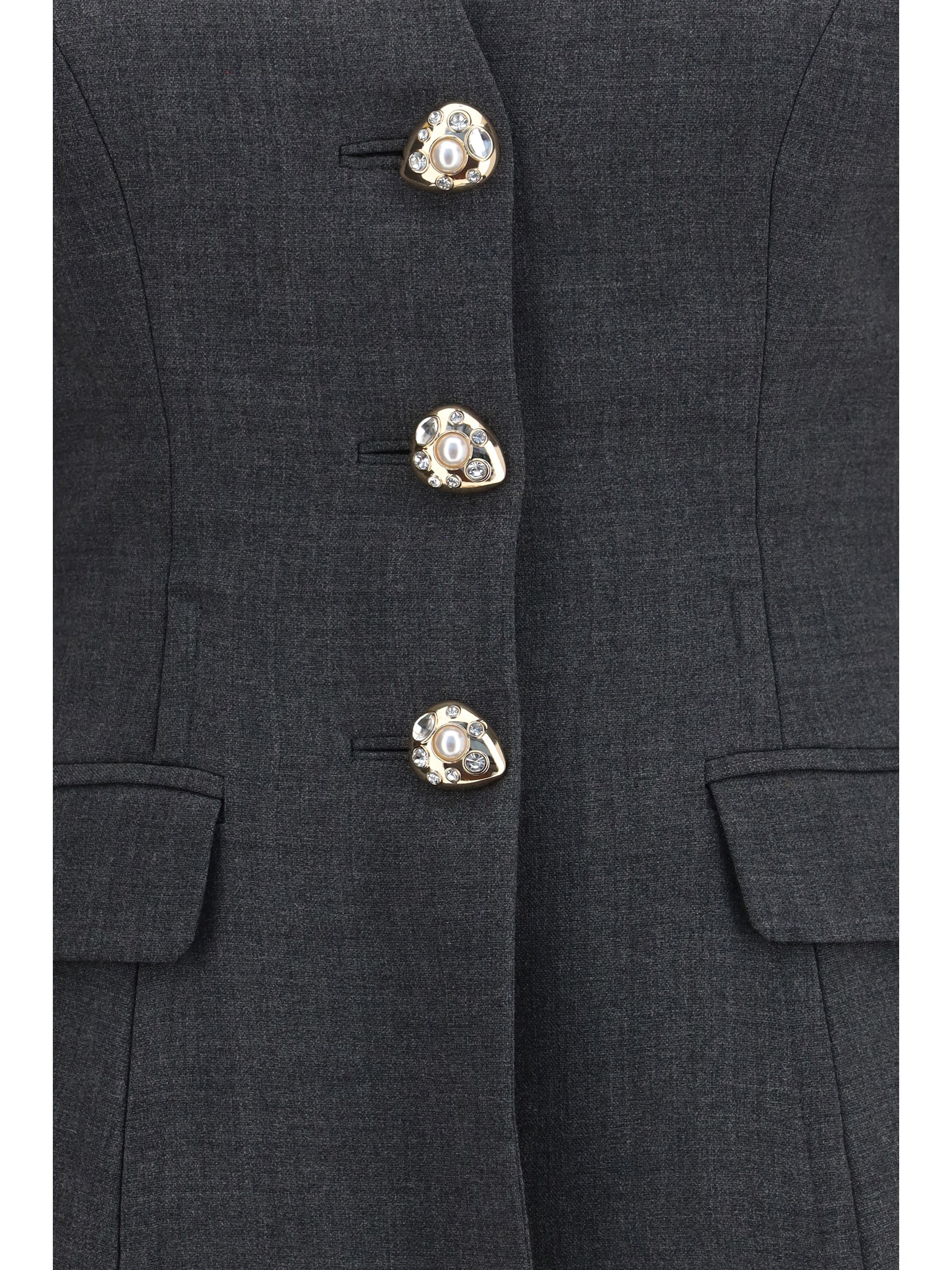 Pearl-Embellished Collarless Blazer — Gray