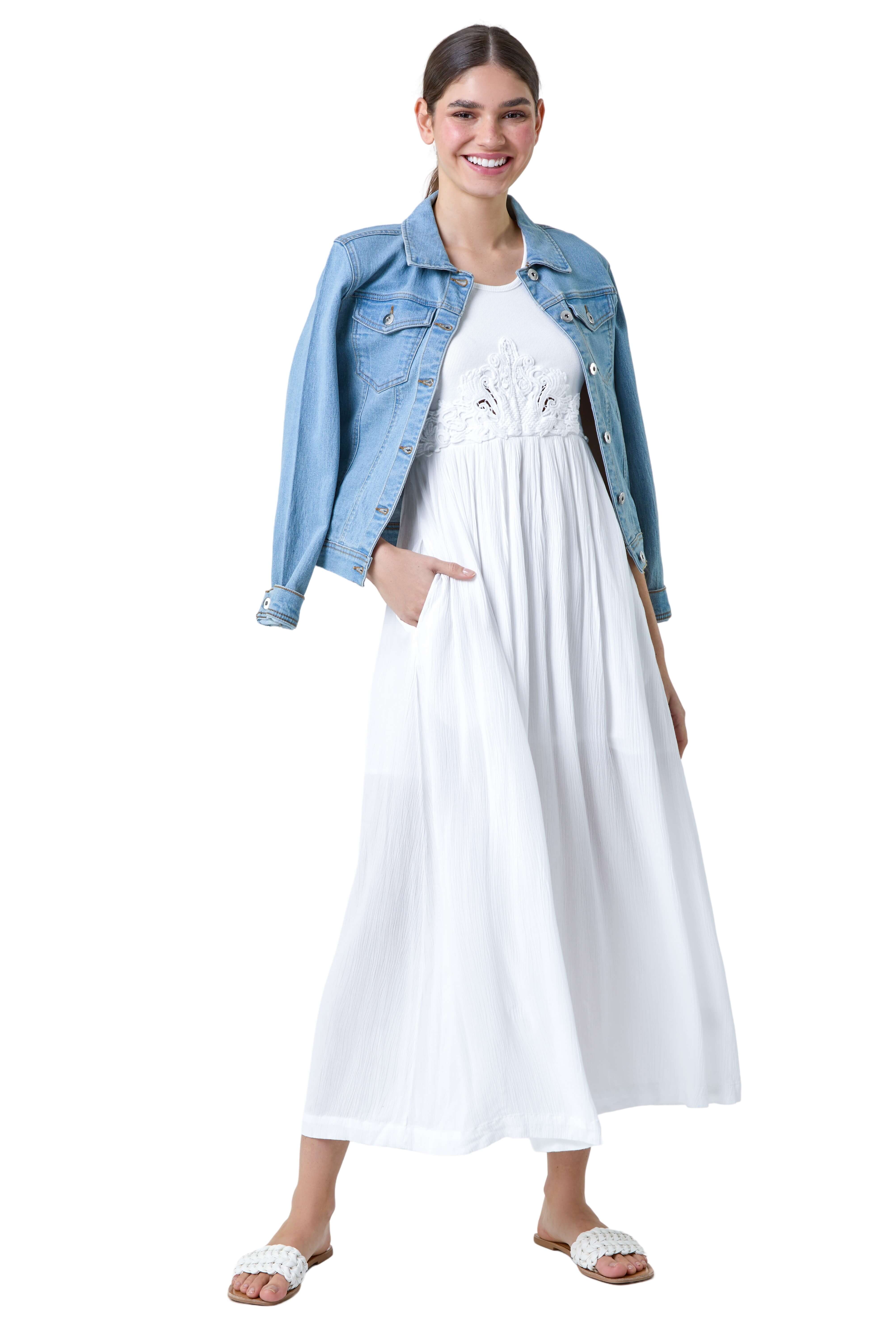 Roman Womens Cotton Blend Lace Detail Midi Dress - White