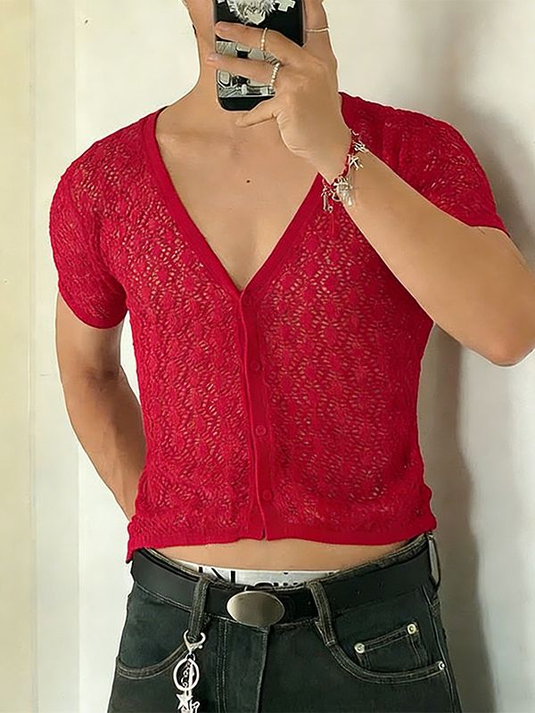 Men's Hollow Sheer V Neck Short Sleeve T-shirt SKUL54434 - Red / S