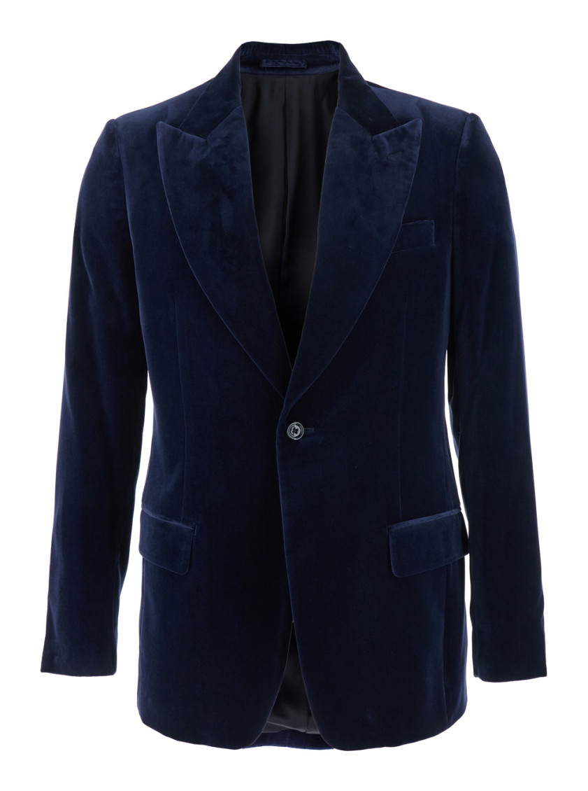 Blue Single-breasted Jacket With Pointed Lapels In Velvet Man