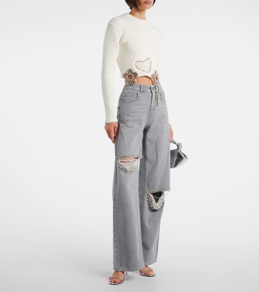 Distressed embellished wide-leg jeans