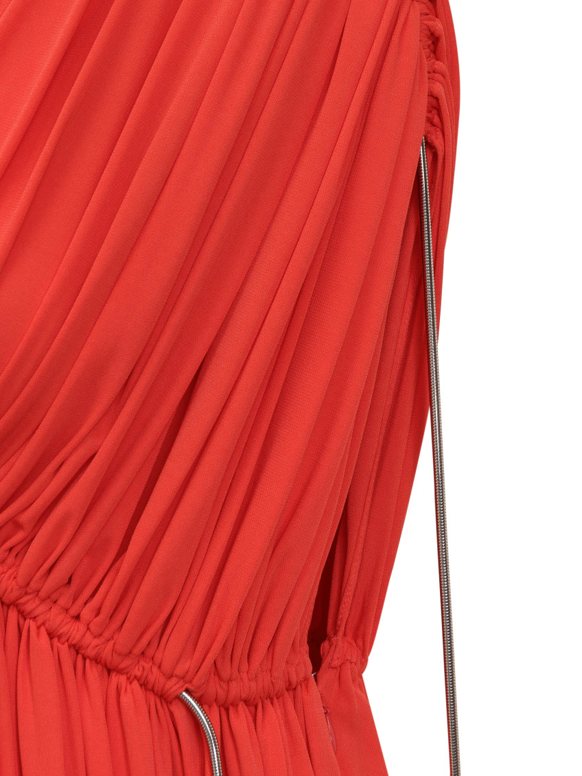 Red Pleated V Neck Maxi Dress