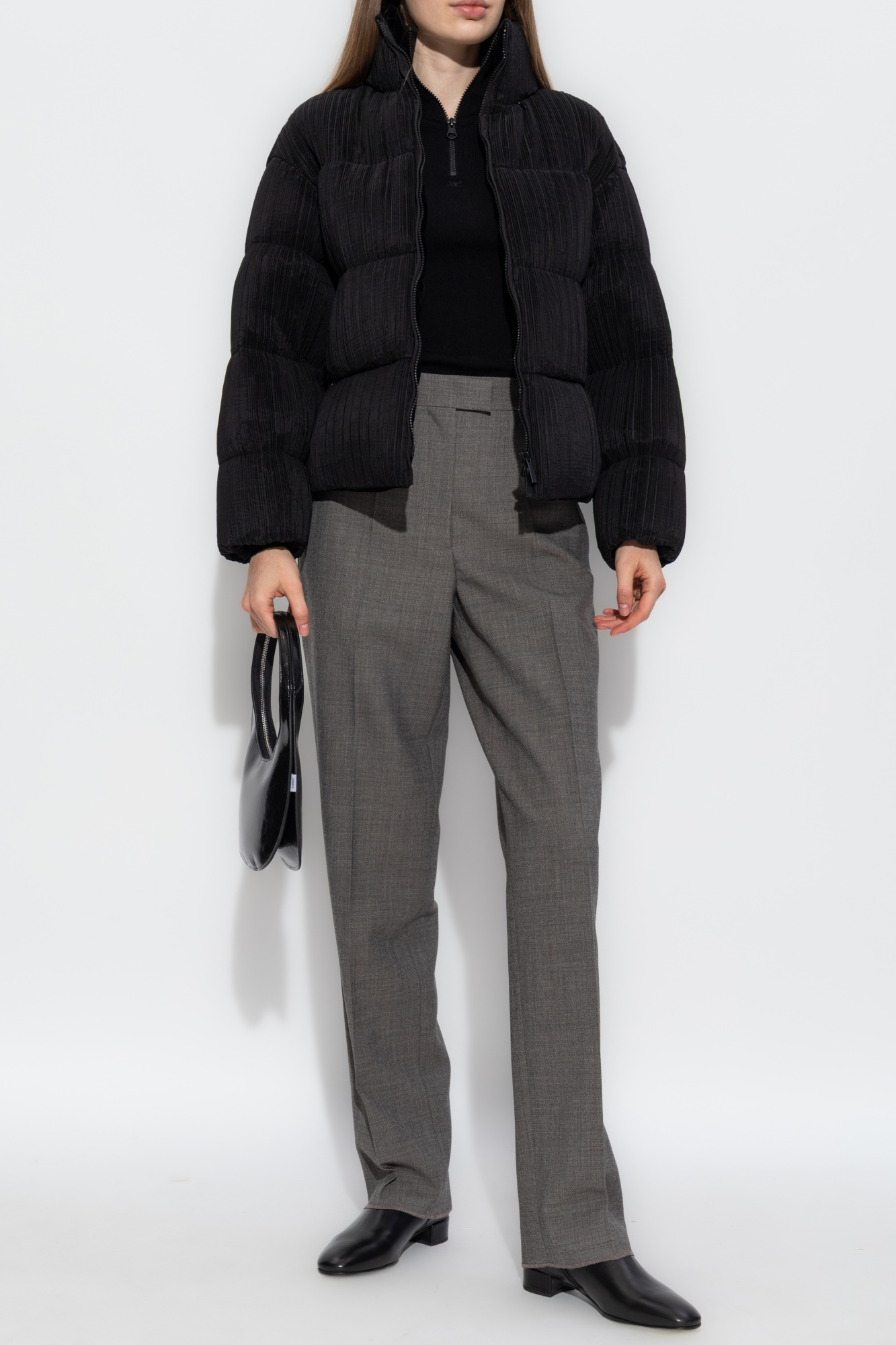 Pleated Jacket With Stand-up Collar, Women's, Black