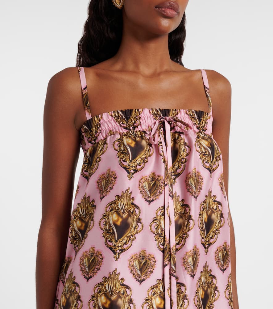 Feather-trimmed printed silk minidress