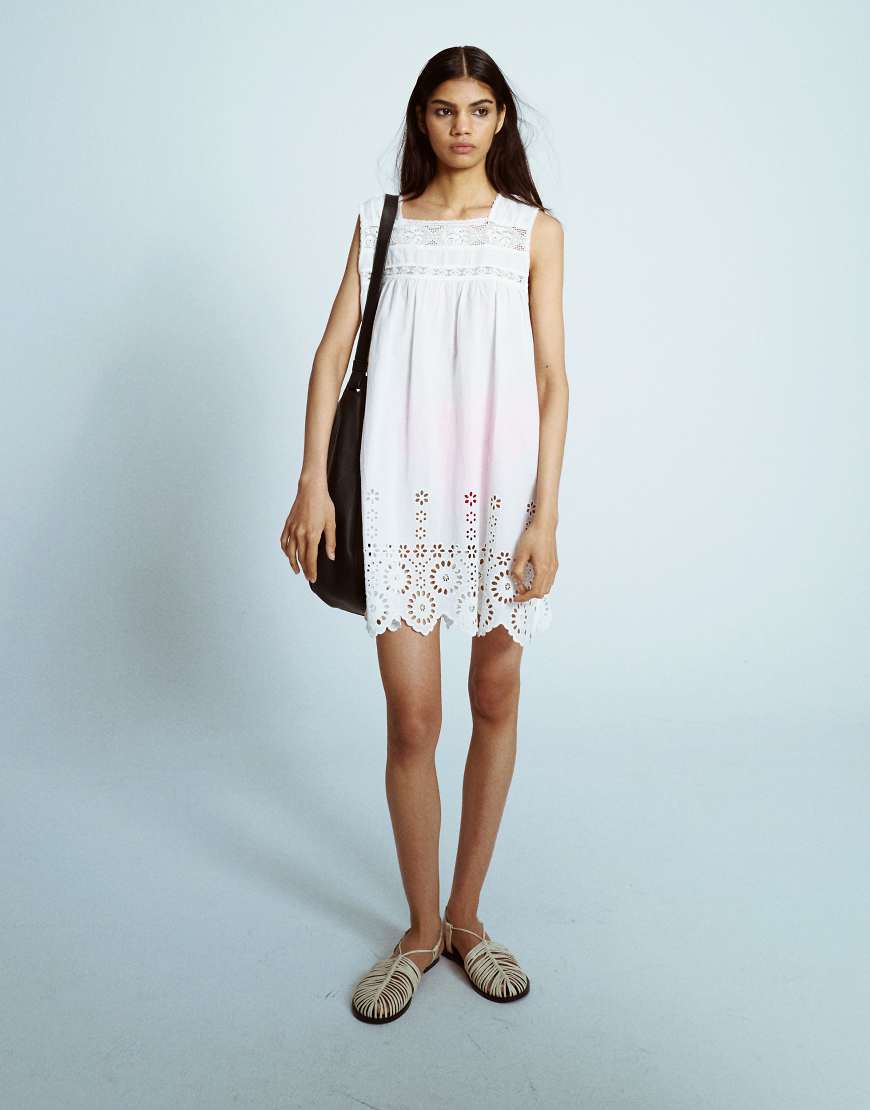 Sleeper mini dress with embroidered detail in white