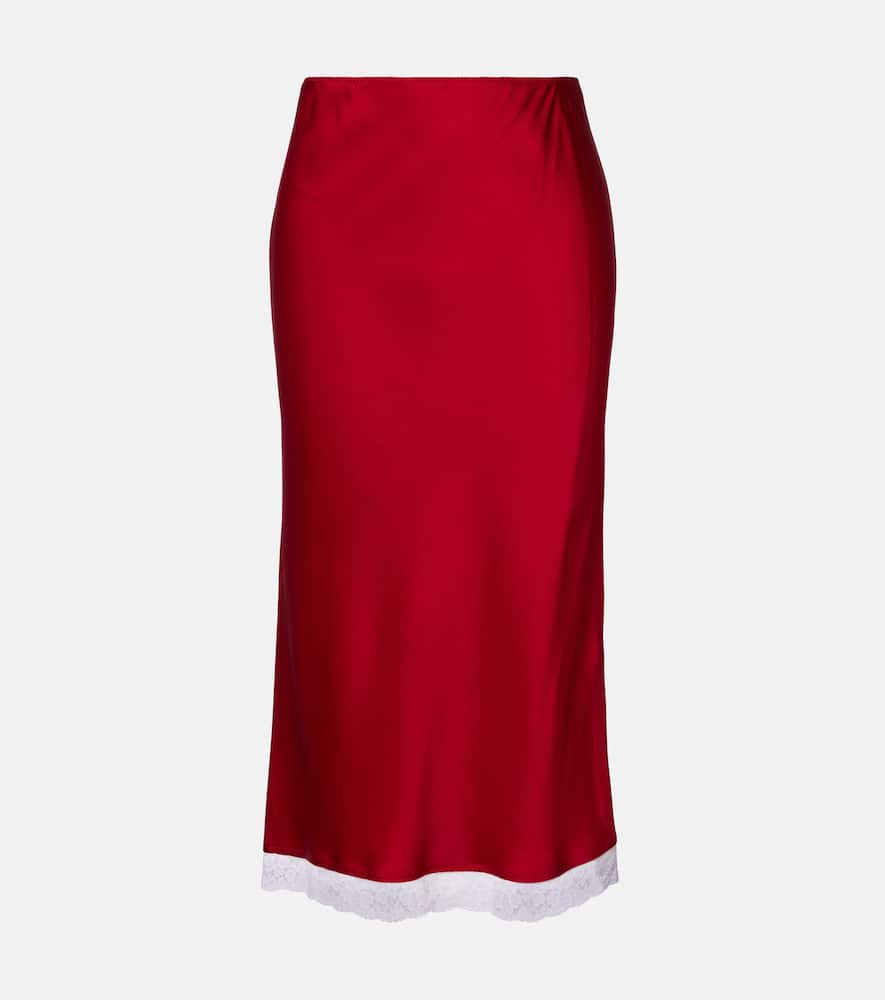 Lace-trimmed satin midi skirt