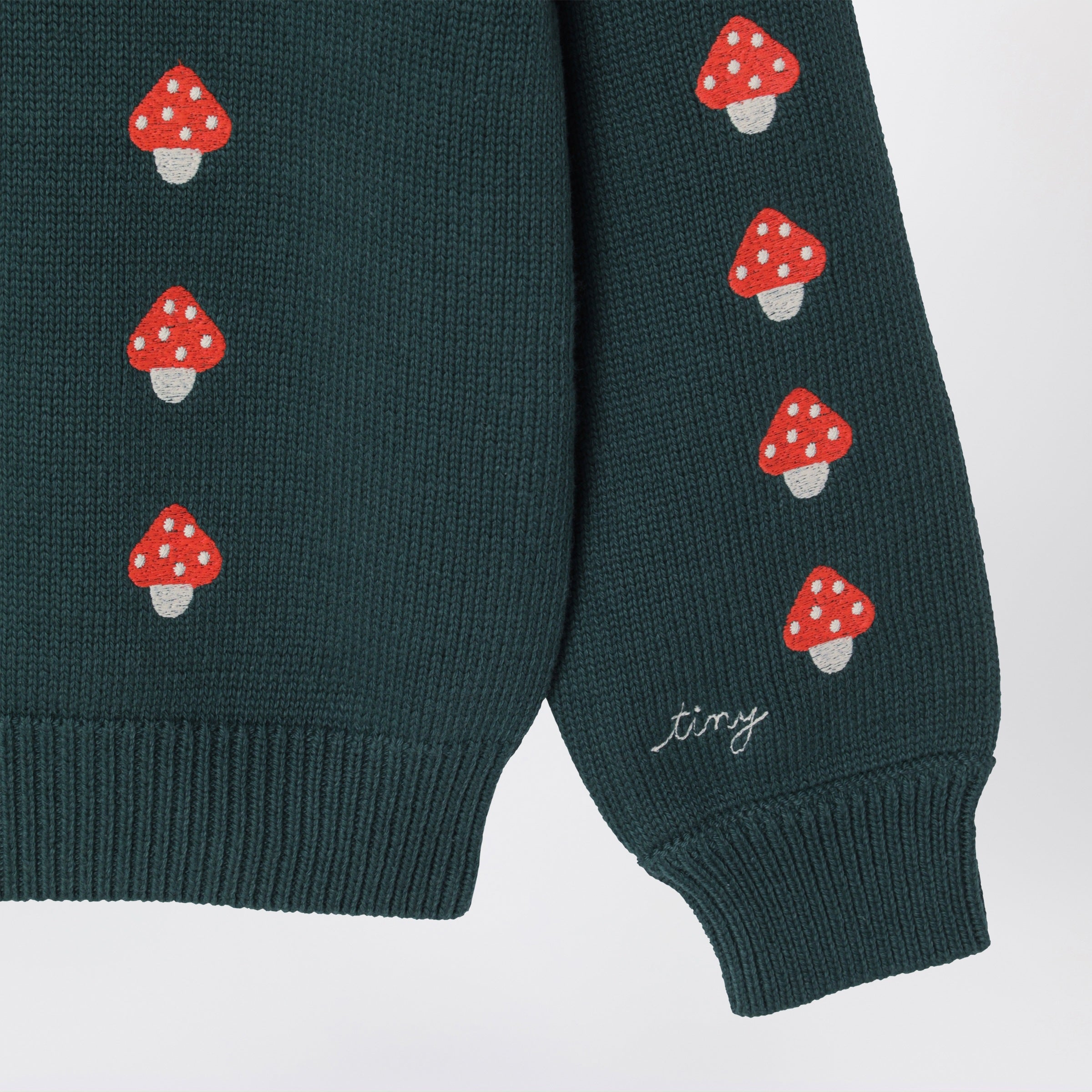 Dark green cotton sweater with embroidered mushrooms