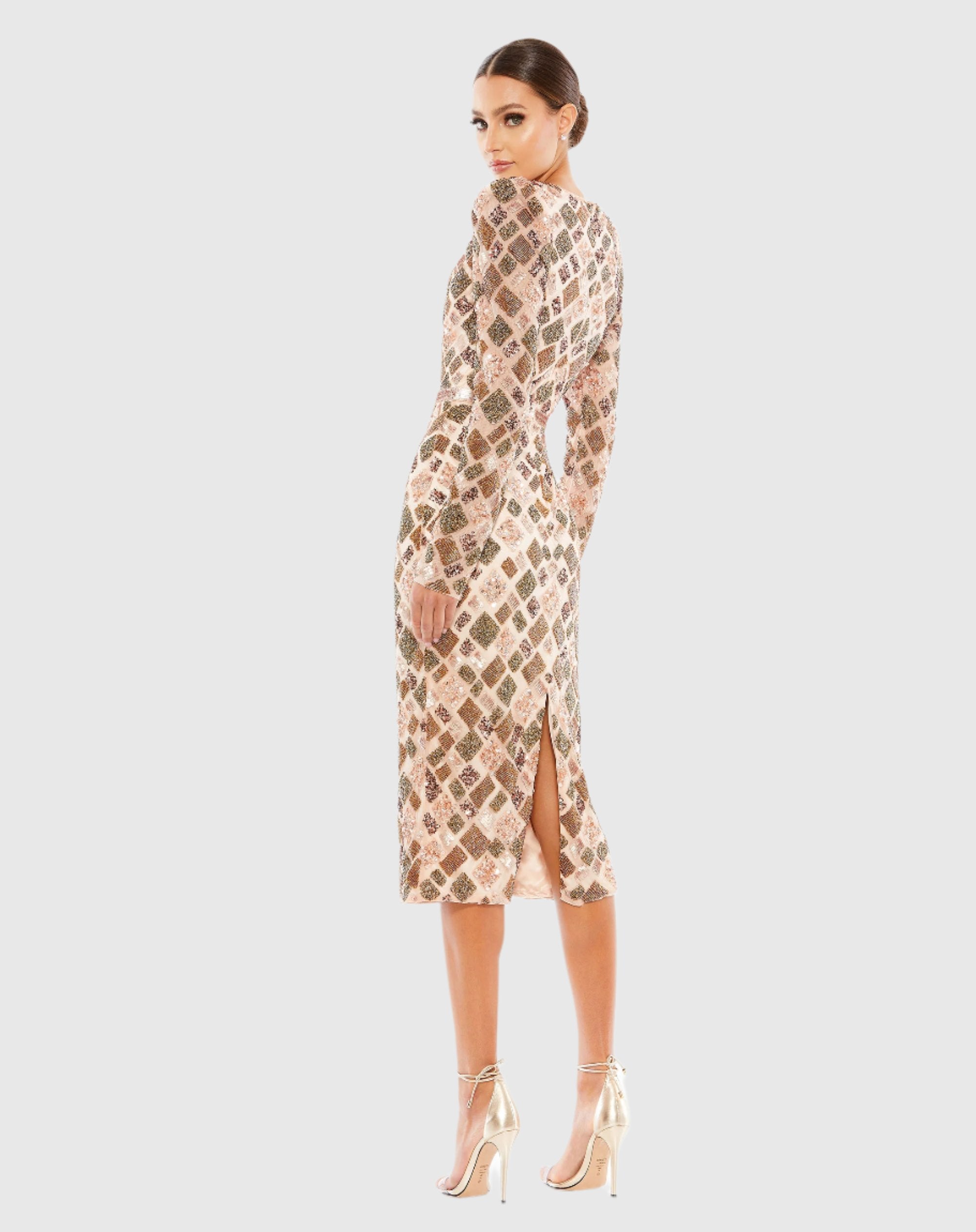 Geo Embellished Midi Sheath Wedding Guest Dress In Chocolate