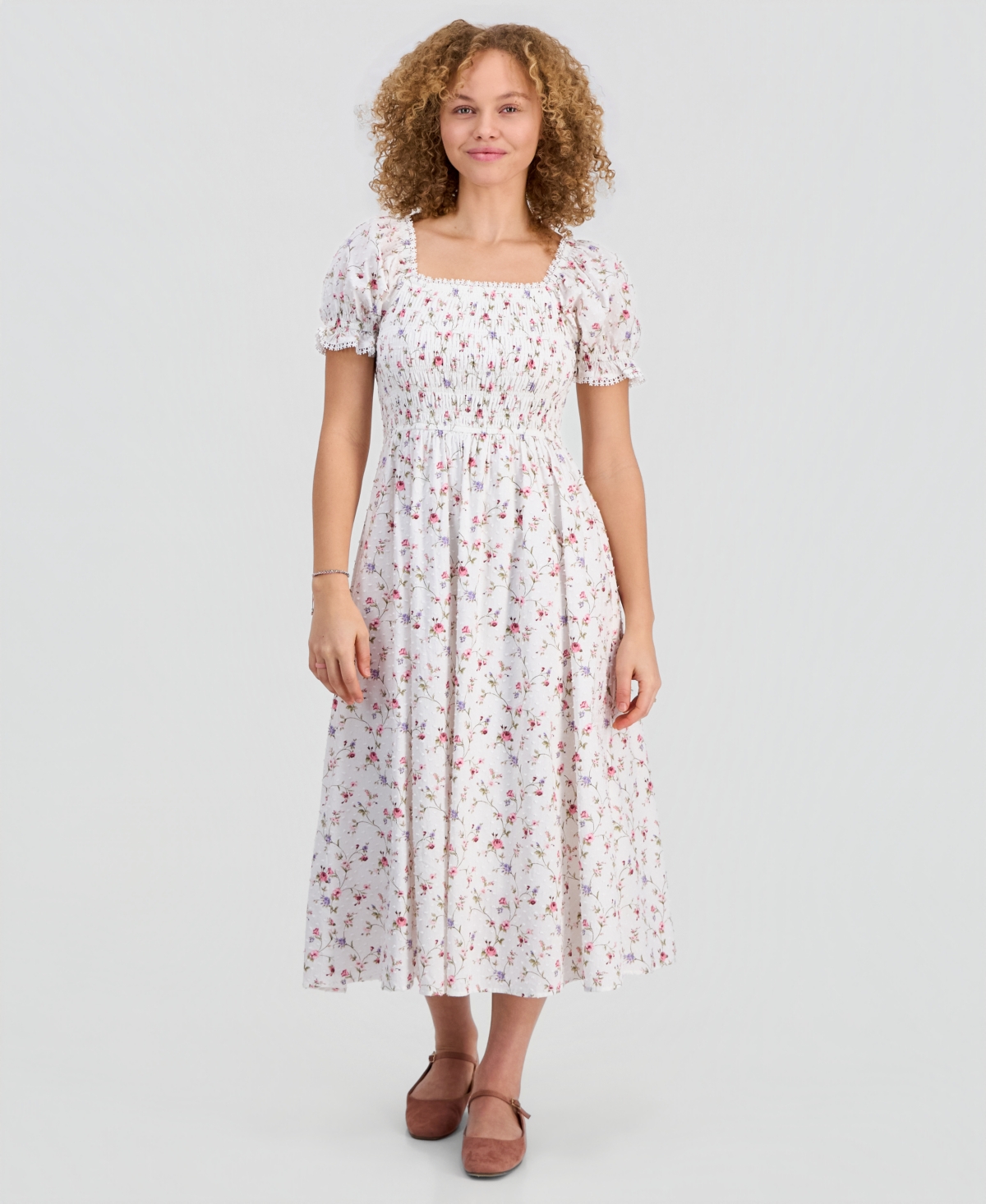 Juniors' Textured Floral Printed Puff-Sleeve Midi Dress - White Cashmere Rose