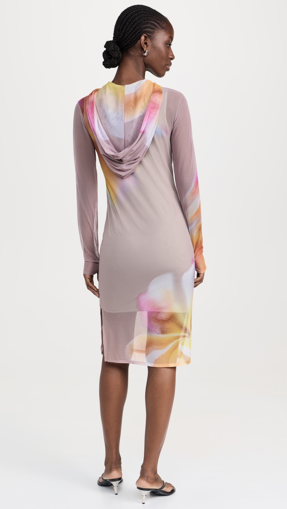 Printed Mesh Midi Dress with Hood Petals and Putty