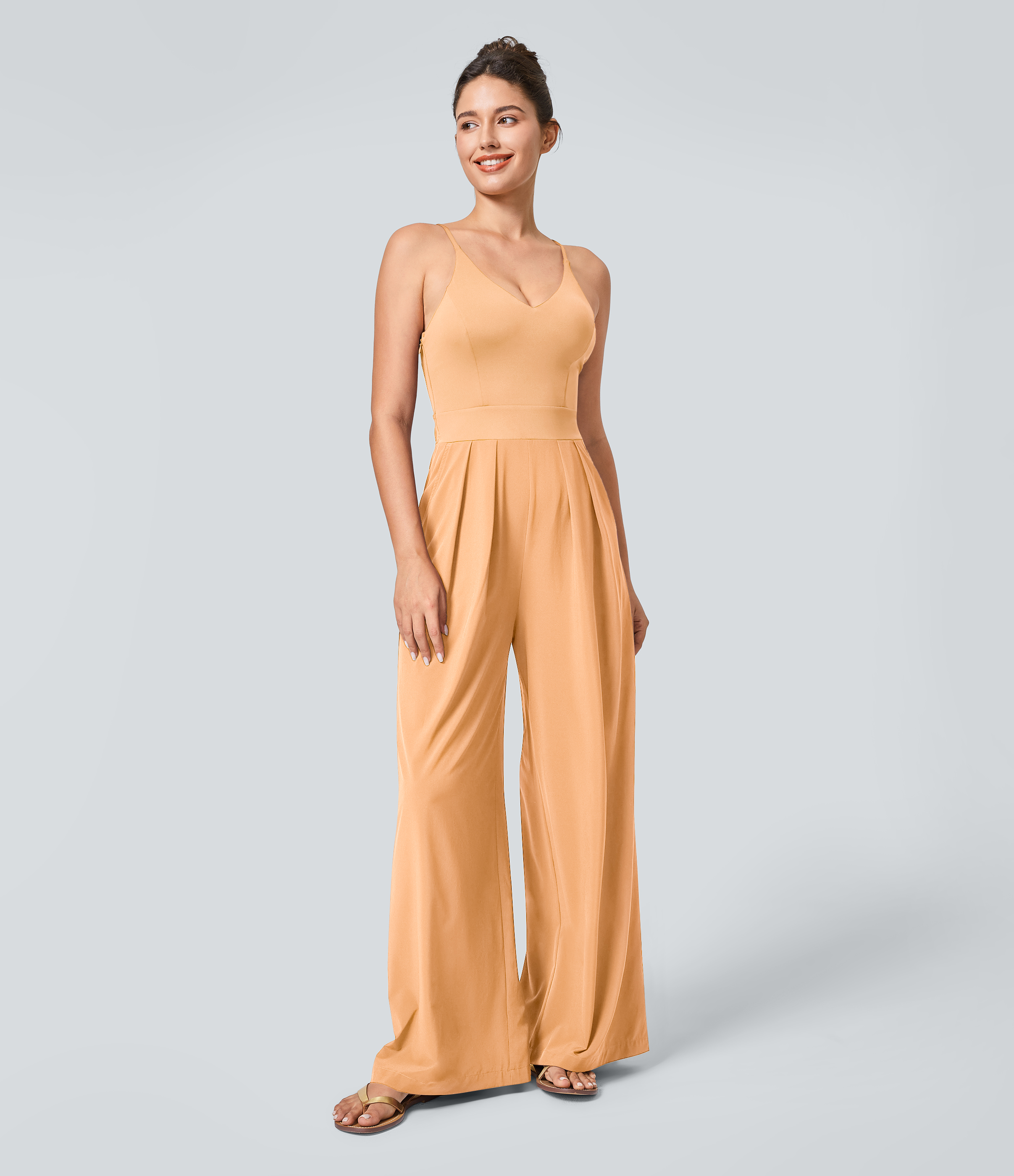 Breezeful™ Backless Side Invisible Zipper Pocket Wide Leg Quick Dry Resort Slip Jumpsuit  - Peach Orange