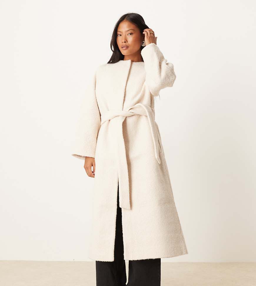 ASOS DESIGN Petite collarless boucle longline formal coat in oatmeal-Neutral