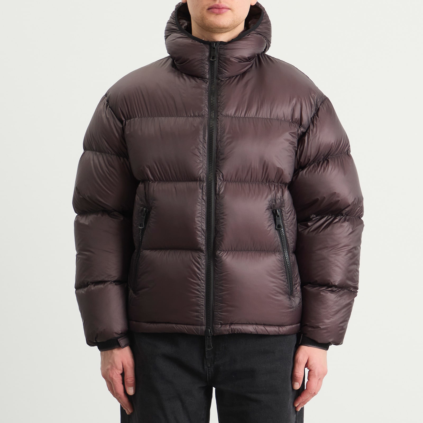 Men's Translucent Hooded Bubble Jacket in Raisin