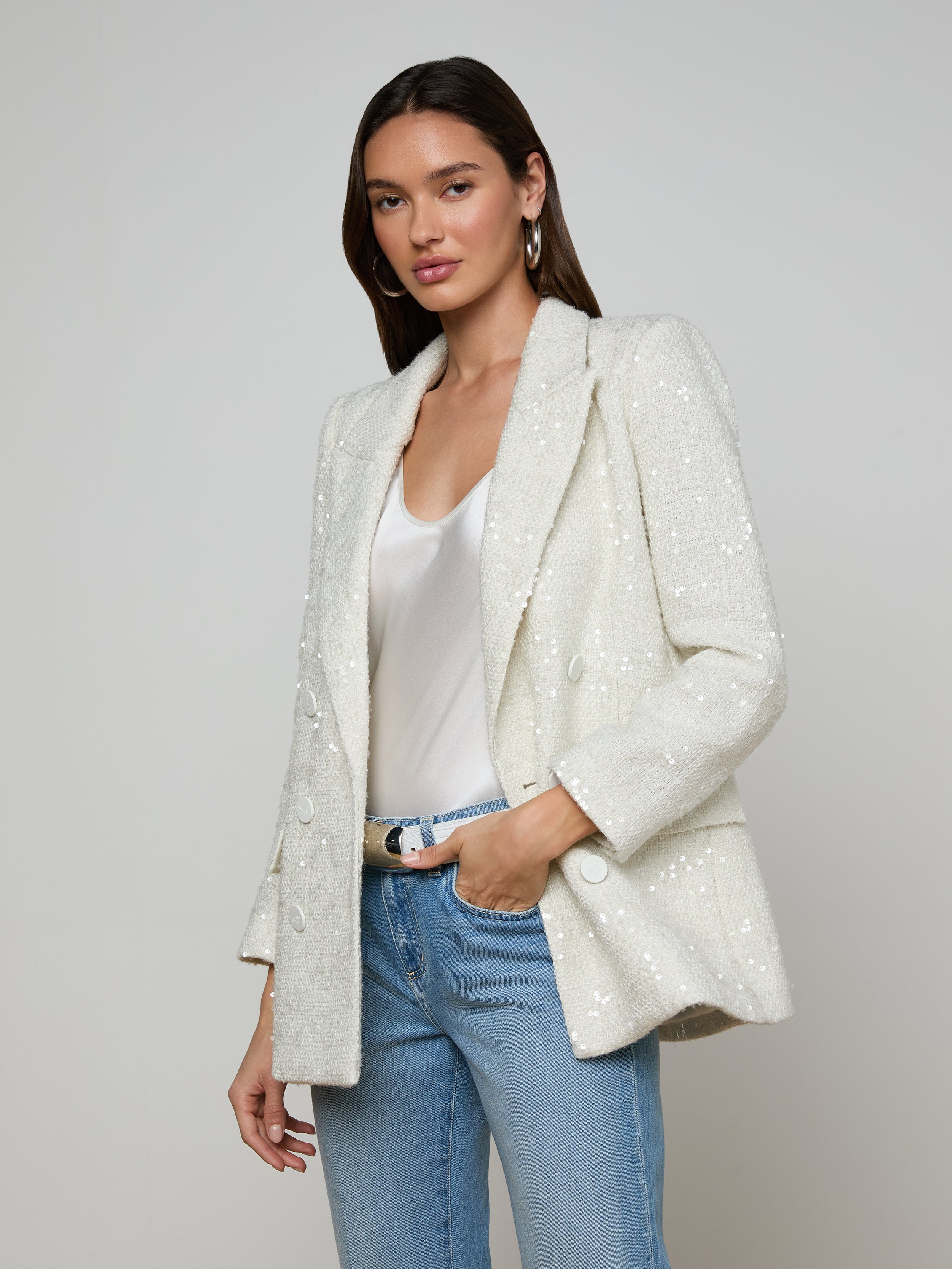 Cambrie Oversized Sequin Blazer In White Tweed/clear Sequin