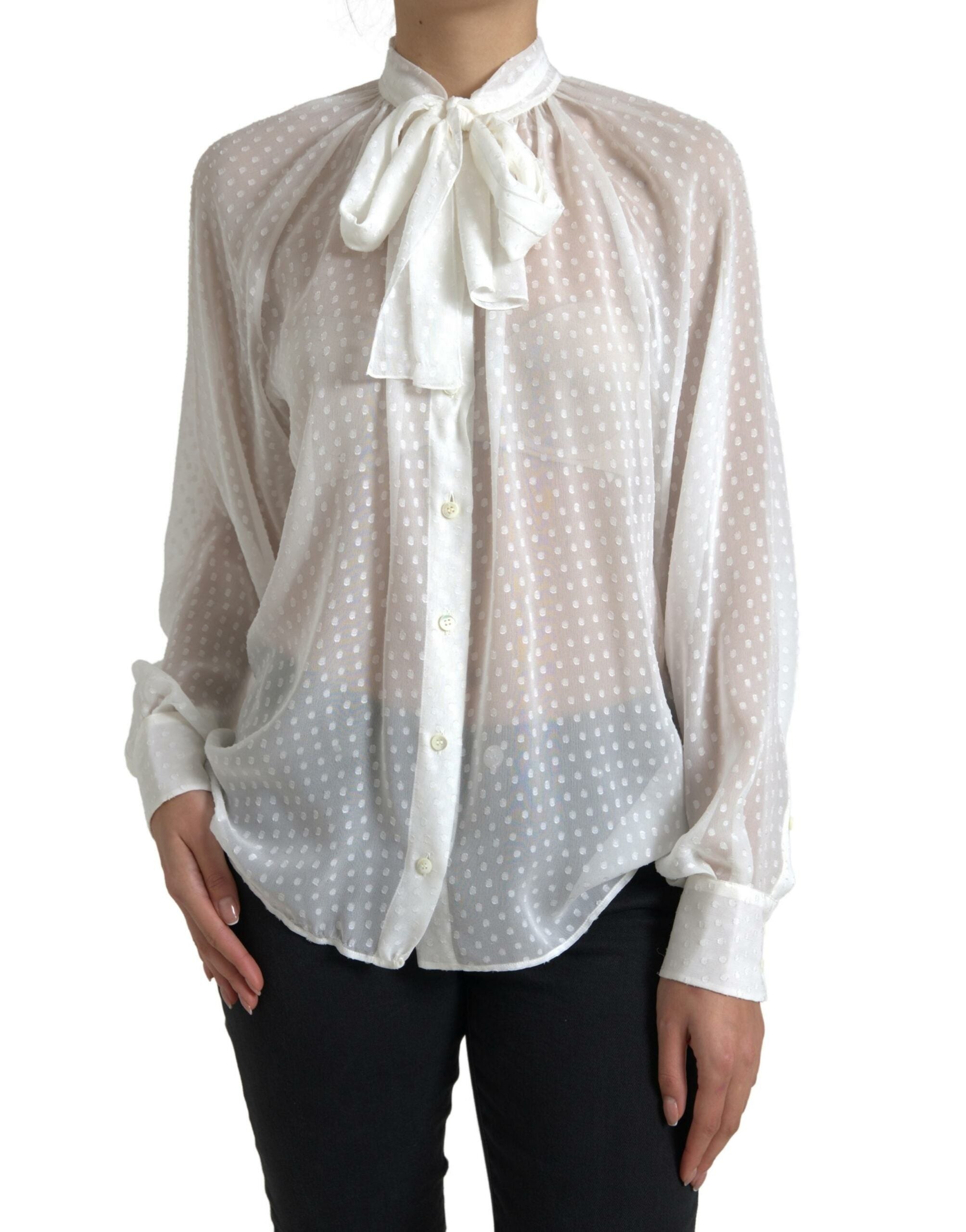 Silk Polka-Dot with Tie Neck Blouse — White