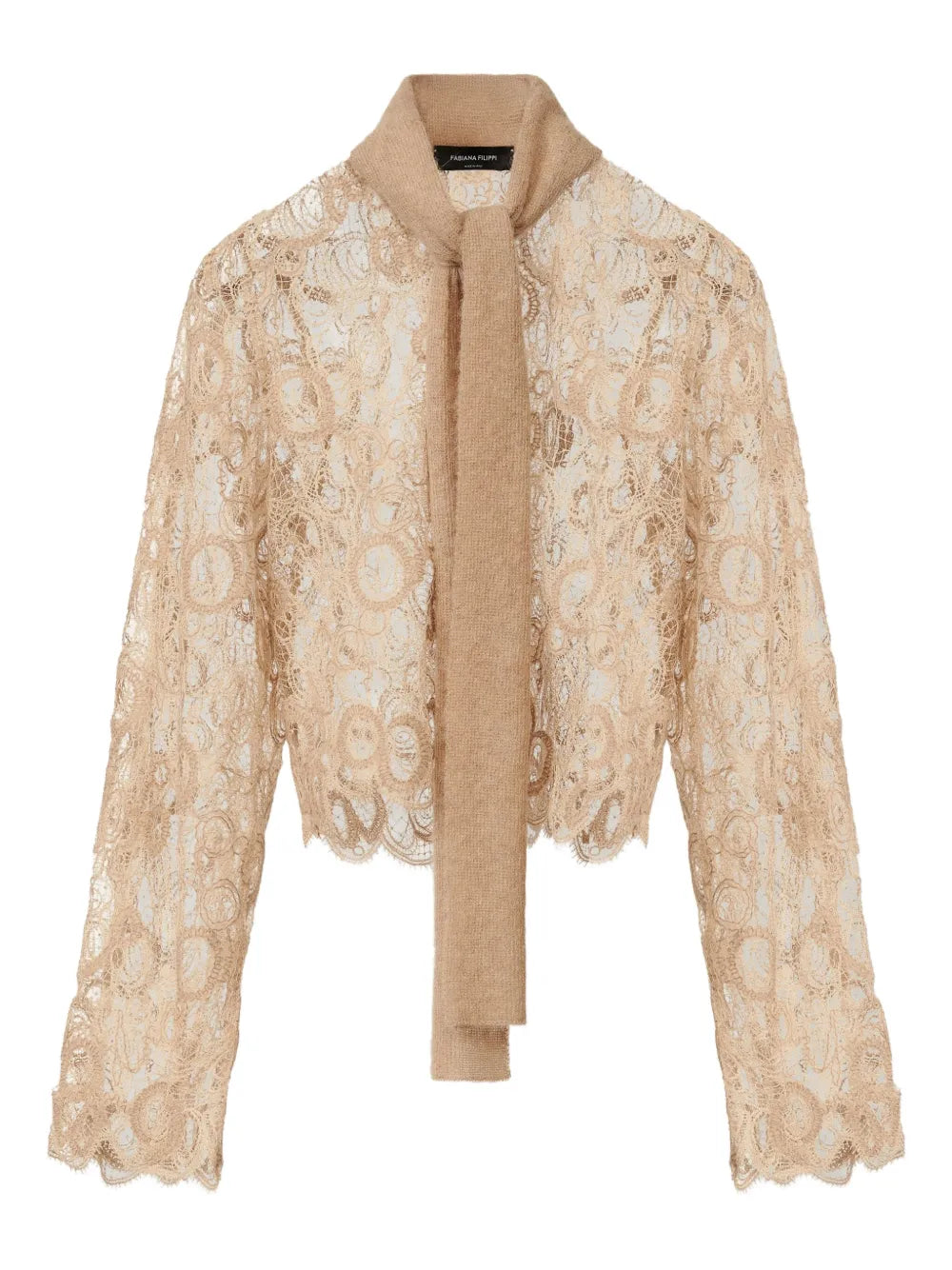 Macramé-Lace Tie-Neck Shirt — beige