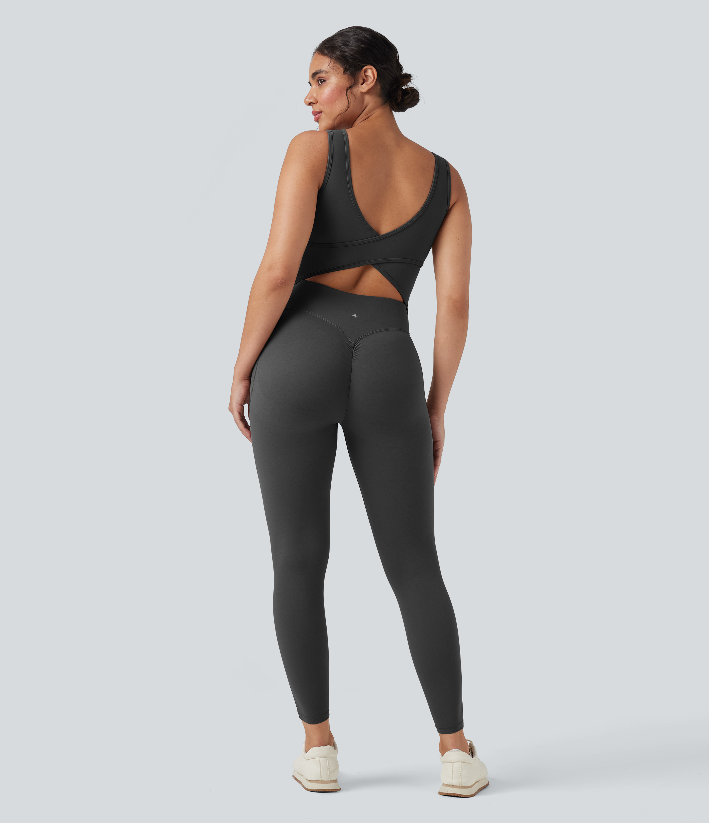 UltraSculpt™ V Neck Tummy Control Butt Lifting Workout Jumpsuit with Pockets Workout Dress - Volcanic Ash