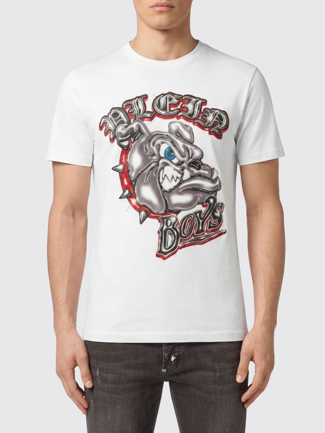 Crewneck T-Shirt in White Cotton with Graphic Print and Logo
