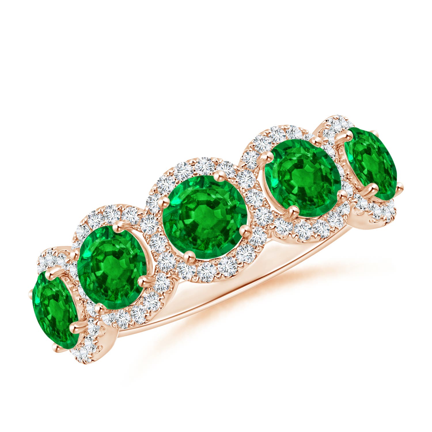 Angara 1.75 Carats Half Eternity Five-Stone Emerald Halo Ring in 14K Rose Gold