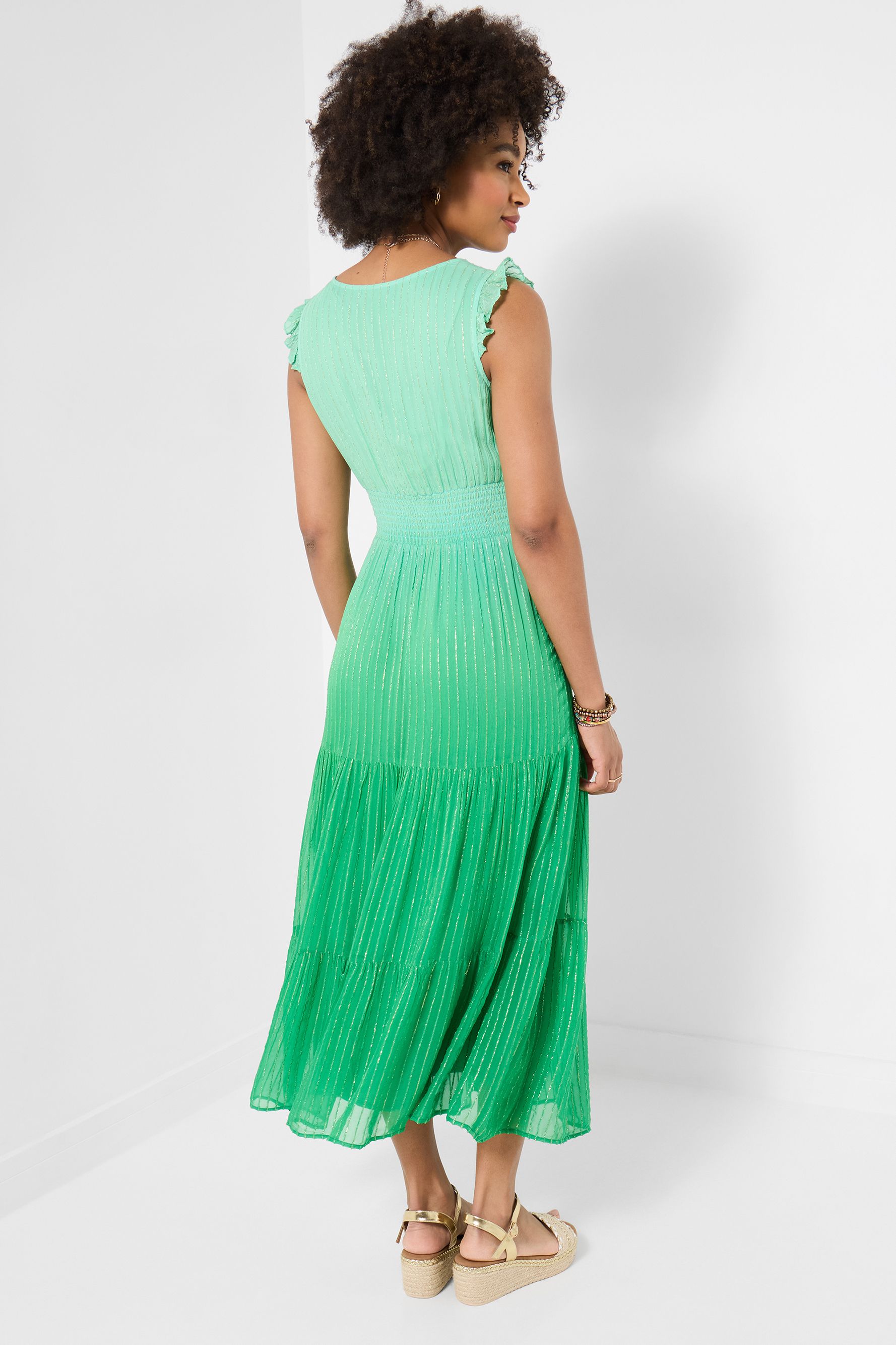 Joe Browns Tiered Maxi Dress With Frill Sleeves And Shirred Waist In Green