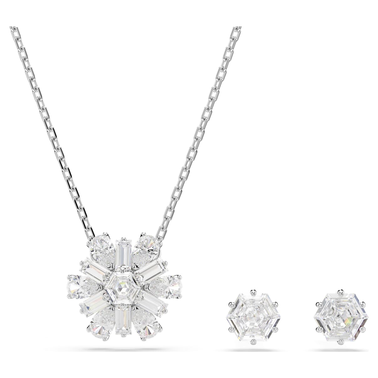 Idyllia set, Mixed cuts, Snowflake, White, Rhodium plated