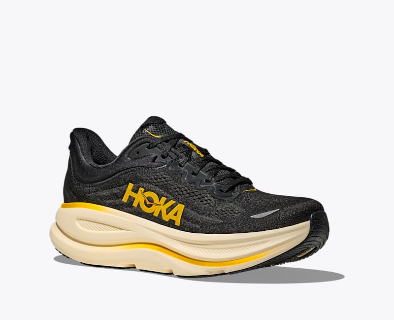 HOKA Men's Bondi 9 Shoes in Carbon Black/Yellow Gold