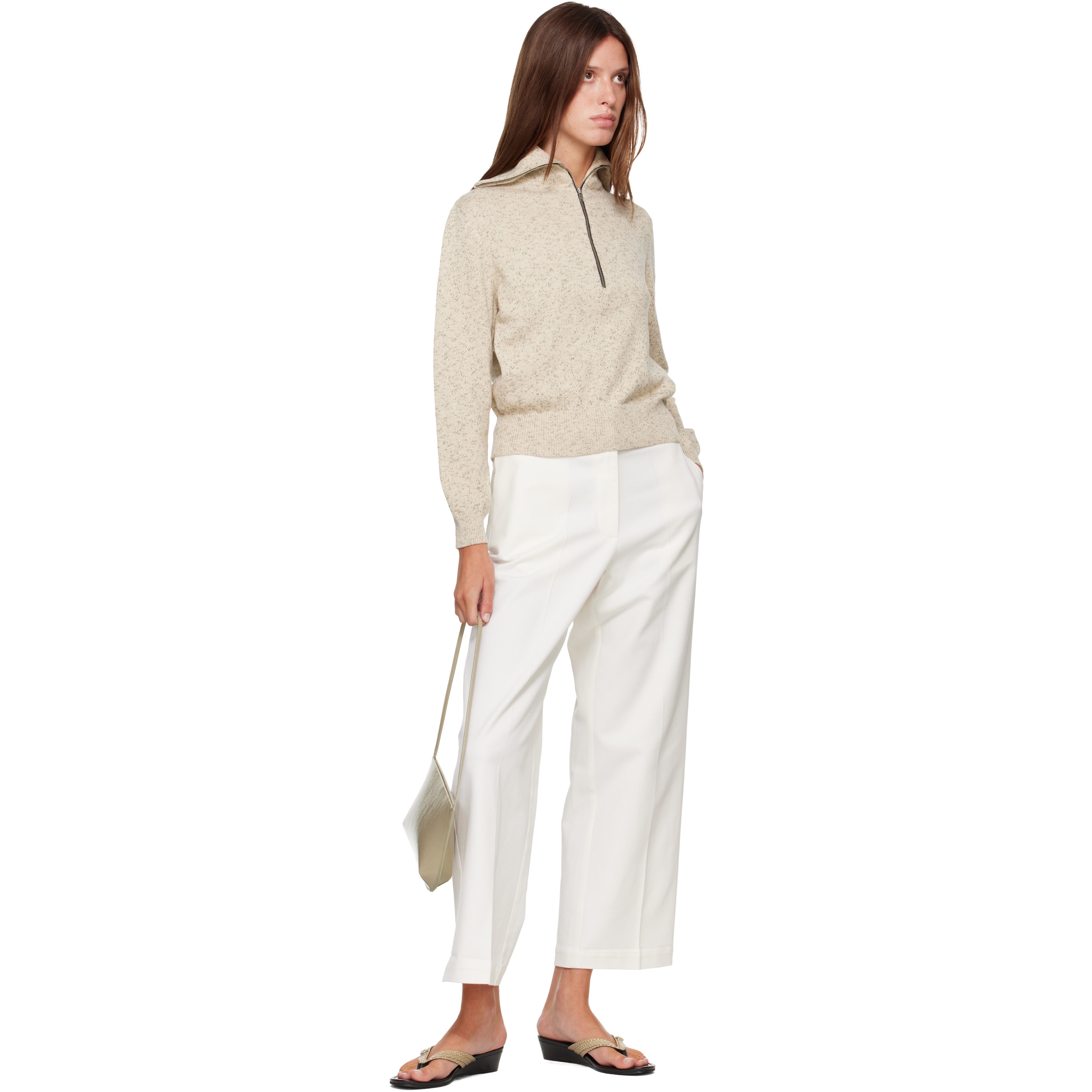 Off-White Flecked Cotton Zip-Up Sweater