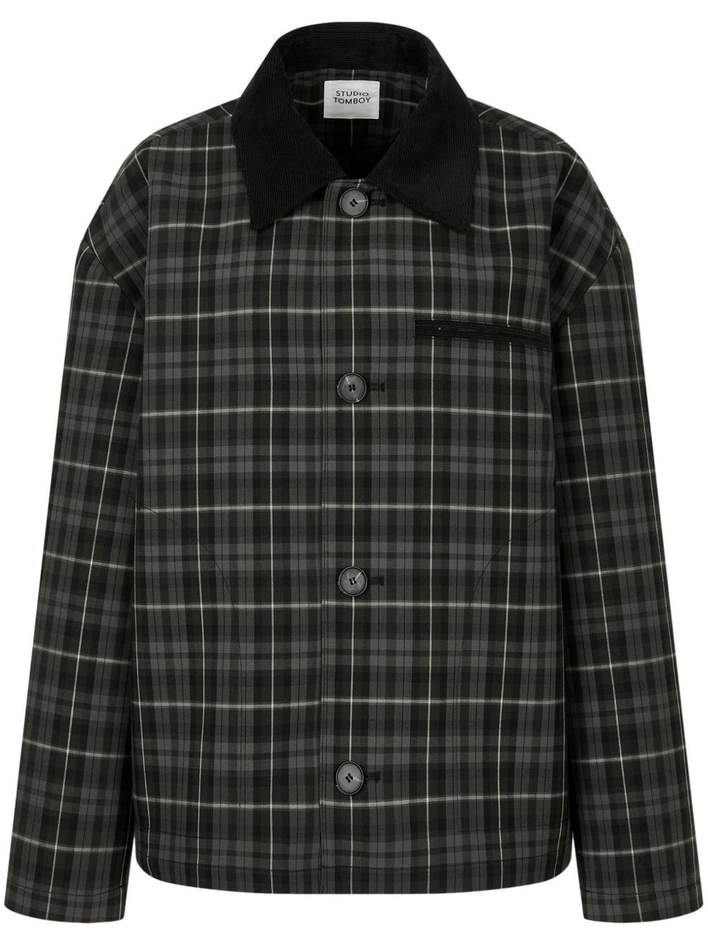 Tartan check-pattern corduroy-collar jacket - Black