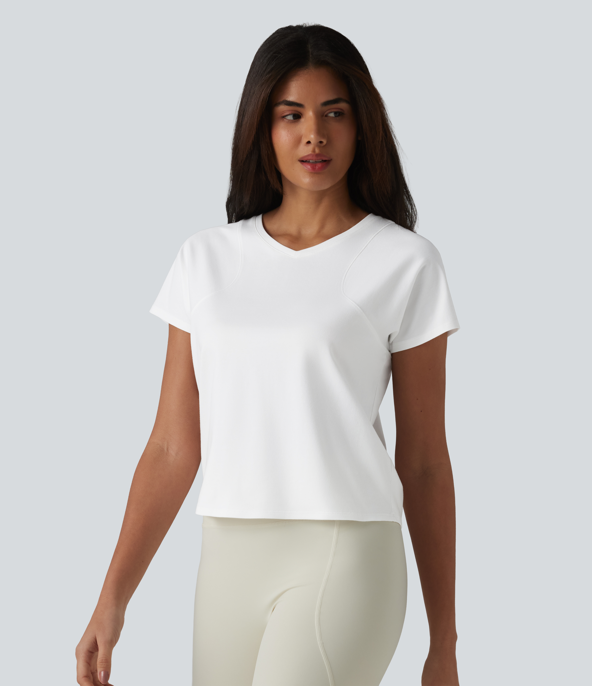 Halara V-neck Raglan Short Sleeve Relaxed Yoga Cotton Sports Top - White