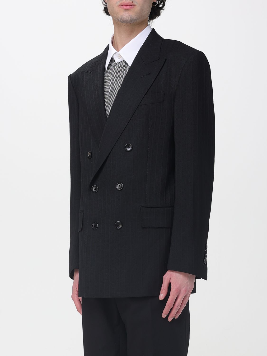 Solid Satin Stripe Double Breasted Jacket