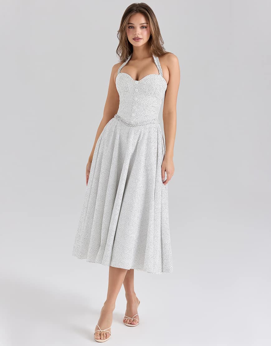 Georgie cotton halter neck midi dress in white polka dot