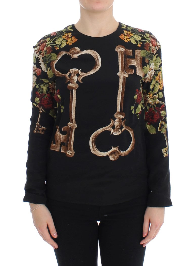 Gold Key Jacquard Floral Blouse — Black