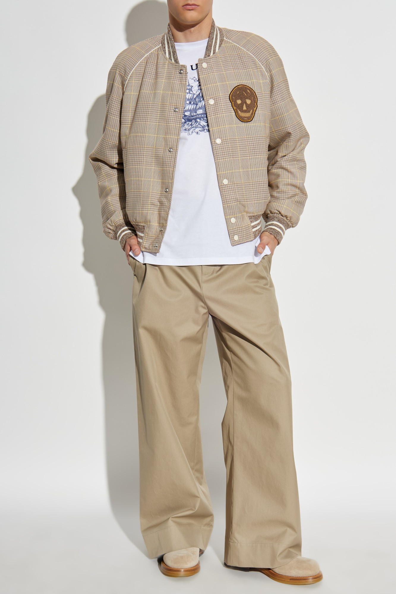 Bomber Jacket With A Check Pattern, Men's, Beige
