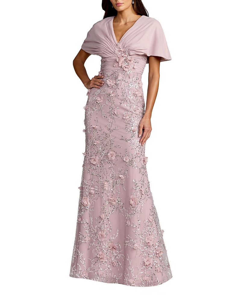 Chiffon Faux Wrap Dress Beaded Skirt Column Gown