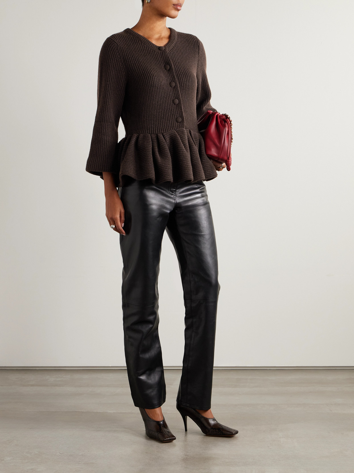 Ruffled Cashmere Peplum Cardigan - Brown