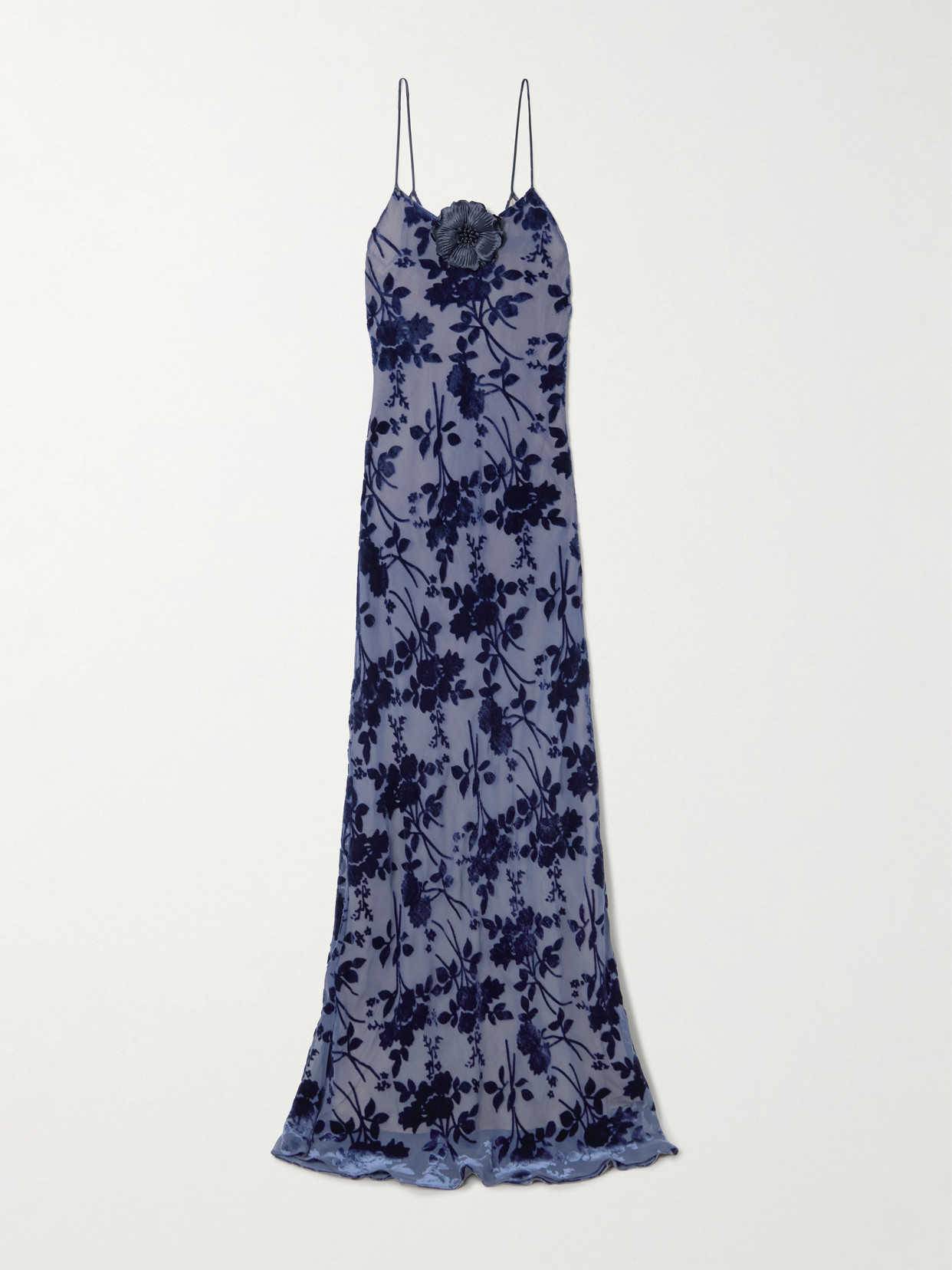 Appliquéd Floral Devoré-velvet Gown - Blue