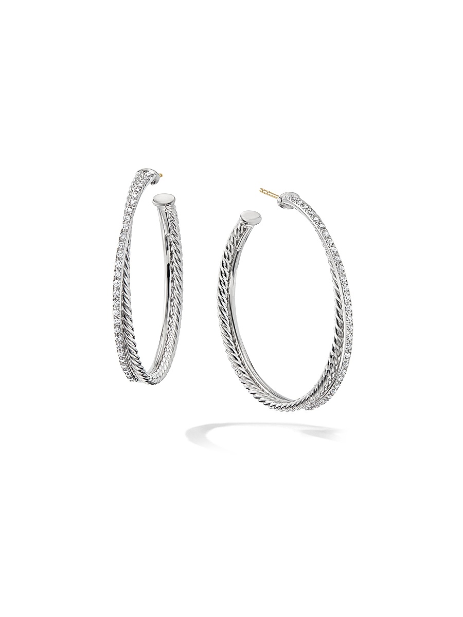 Women's Crossover Hoop Earrings in Sterling Silver with Diamonds - Diamond
